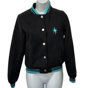 Collectif Black Blue Retro Snap Front Atomic Star Varsity Letter Jacket size XS